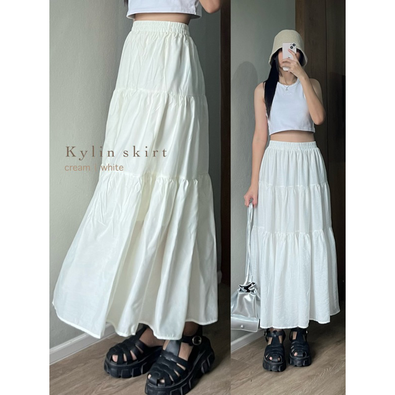 Kylin skirt | กระโปรงยาวสีขาว พริ้วไสว ทรงพองๆ มีซับใน