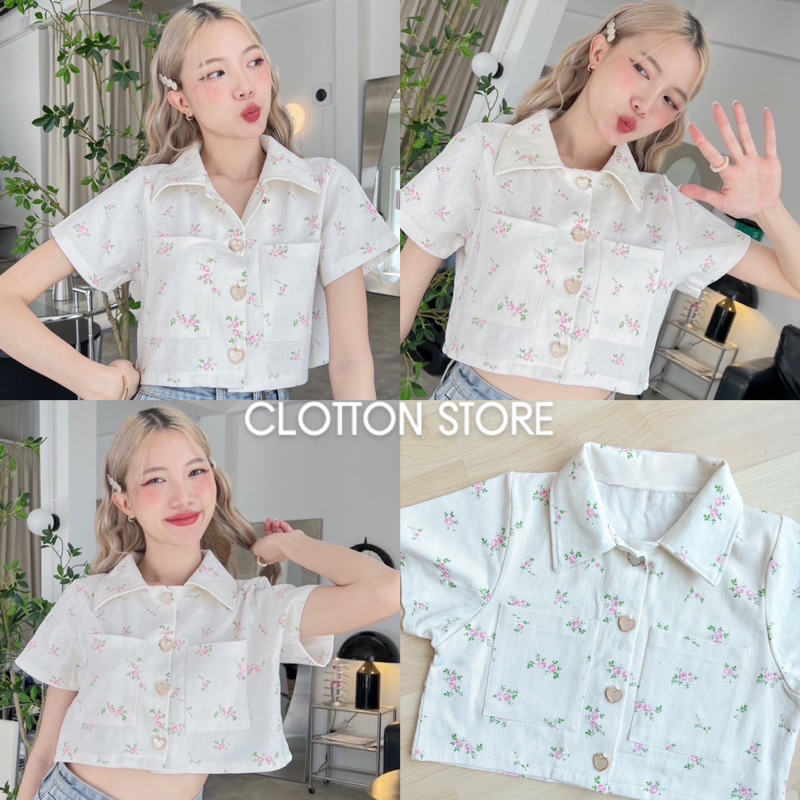 ✨Puffy Top✨ เสื้อเชิ้ตผ้ายีนส์สีขาวพิมพ์ลายดอก กระดุมหัวใจสีทอง สายหวานห้ามพลาด