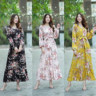 Maxi dress คอวีลายดอกช่อ ติดกระดุมสีขาวด้านหน้า  แขนยาวปลายแขนจั้ม เดรสยาว