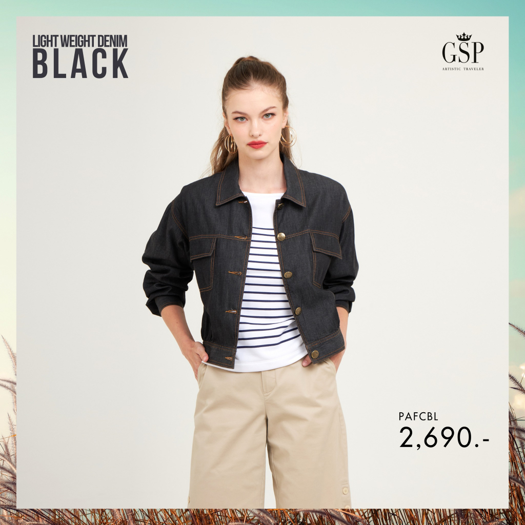 GSP แจ๊คเก็ตยีนส์ Light weight denim แขนยาว สีดำ (PAFCBL)