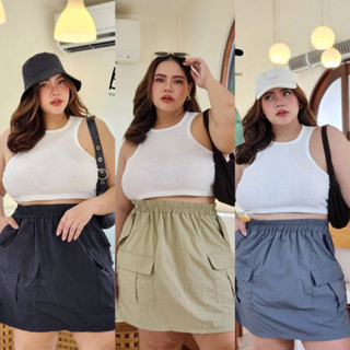 Cargo mini skirt กระโปรงคาร์โก้ เนื้อผ้าร่ม นิ่มใส่สบาย สม็อครอบตัว เอวสูง ใส่สบาย เสื้อผ้าสาวอวบอ้วน พลัสไซส์ ไซส์ใหญ่