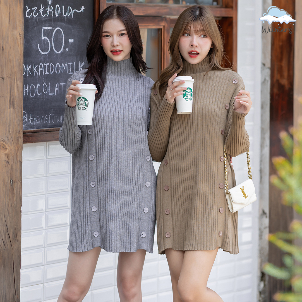 [ Brussels Short Dress ] 7 สี เดรสไหมพรม เดรสไหมพรมสั้น ตกแต่งกระดุม