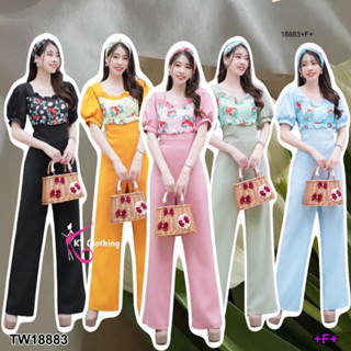 TwinsShopVip💗พร้อมส่ง TW18883 Jumpsuit จั้มสูทขายาวแขนพอง อกแต่งลายดอกไม้ + ที่คาดผม