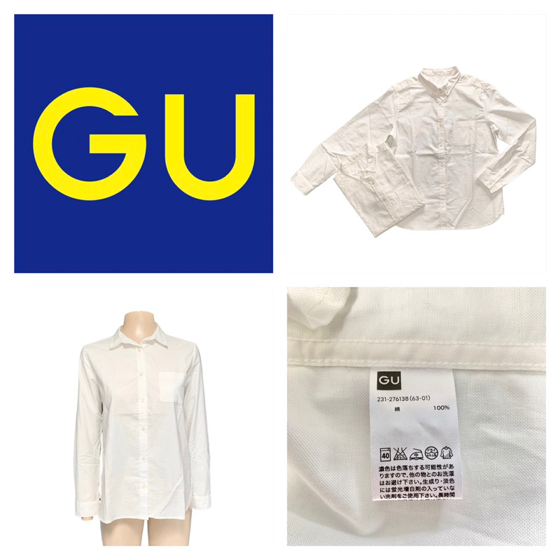 GU เสื้อเชิ้ต คอปก แขนยาว สีขาว มีกระเป๋าที่อกซ้าย
