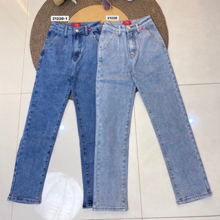 YME jeans กางเกงยีนส์เอวสูงทรงกระบอกเล็กผ้าผสมยืด รุ่นเรียบใส่ไปทำงานออฟฟิศใส่ไปเที่ยว #21220