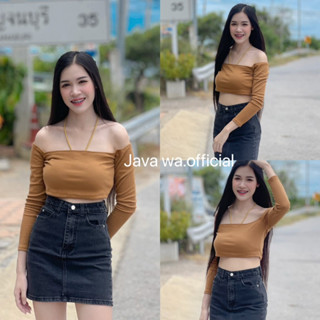 🔥Java wa shop🔥ครอปปาดไหล่ เสื้อครอป ผ้าร่อง เสื้อโชว์เนิน รุ่น ปาดไหล่