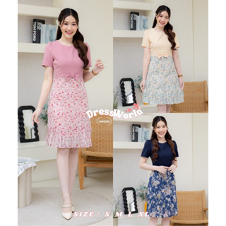 (เช็คของก่อนโอนเงิน) {S-XL} 9326 งานป้าย Dress World เดรสสั้นกระโปรงลายดอก แต่งโบว์เอว น่าร๊าก รีบจับจองจ้า