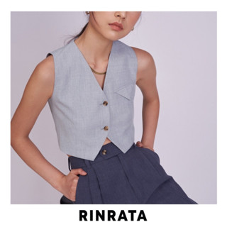 RINRATA - Cyrus Top waistcoat เสื้อกั๊ก ครอป ตัวสั้น คอวี กระดุมหน้า ตกแต่ง สามเหลี่ยม  มี ผ้ายีนส์ สีเทา เสื้อแฟชั่น เสื้อใส่เที่ยว เสื้อทำงาน