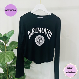 สินค้าขายดี มีสินค้าพร้อมส่ง เสื้อครอปแขนยาว คอกลม สีดำ(DARTMOUTH) ทรงวินเทจ แบรนด์H.Mเกาหลี