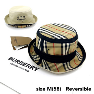 Burberry bucket hat M unisex ใส่ได้ 2 ด้าน หมวก บัคเก็ต เบจ ครีม reversible ของแท้ แบรนด์เนม มีปีก ผู้หญิง ผู้ชาย