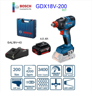 BOSCH ไขควง1/4-บล๊อก1/2ไร้สาย รุ่น GDX18V-200 แบต 4.0Ah x 1  แท่นชาร์จ 1 ตัว GAL18V-40 เครื่องมือช่าง