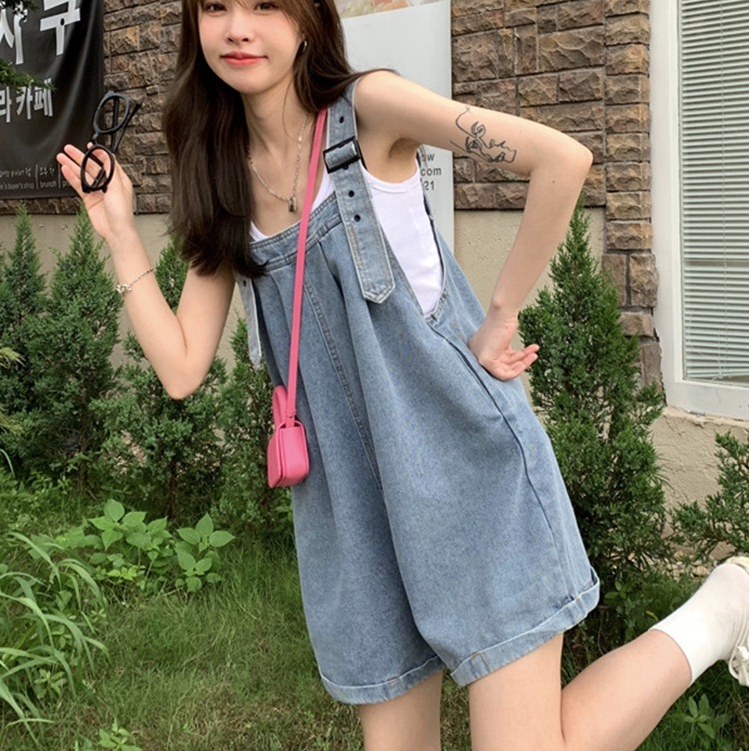 เอี๊ยมยีนส์ขาสั้น เอี๊ยมกางเกง ชุดเอี๊ยม สายวินเทจ สวมใส่สบาย KiKi#012