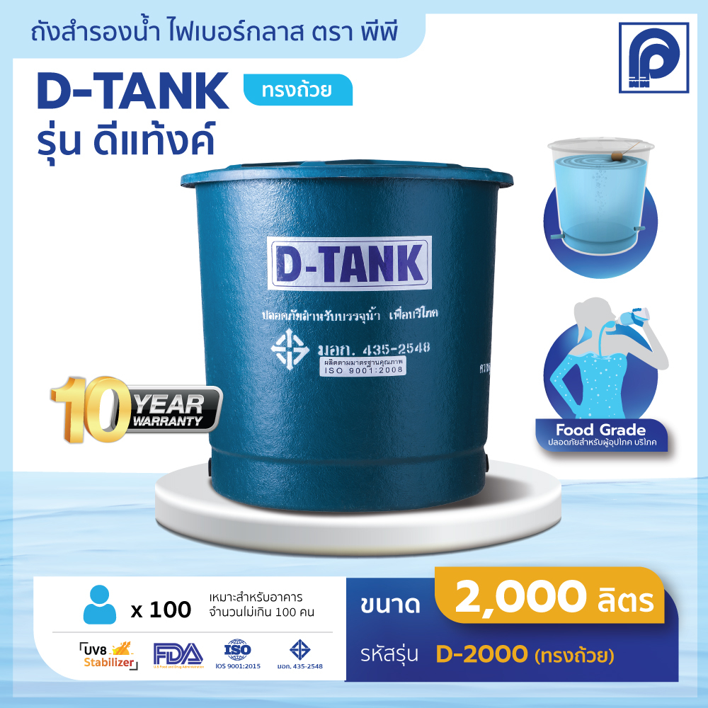 ถังเก็บน้ำตราพีพี รุ่น D-TANK ทรงถ้วย ขนาด 1000 ถึง 3000 ลิตร (ไม่แถมลูกลอย) Promotion