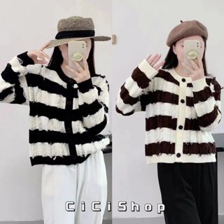 Cicishop(25025)Strip Cardigan เสื้อคาร์ดิแกนไหมพรมทอสลับสีทูโทน กิมมิคแต่งขาดเท่ห์ๆ