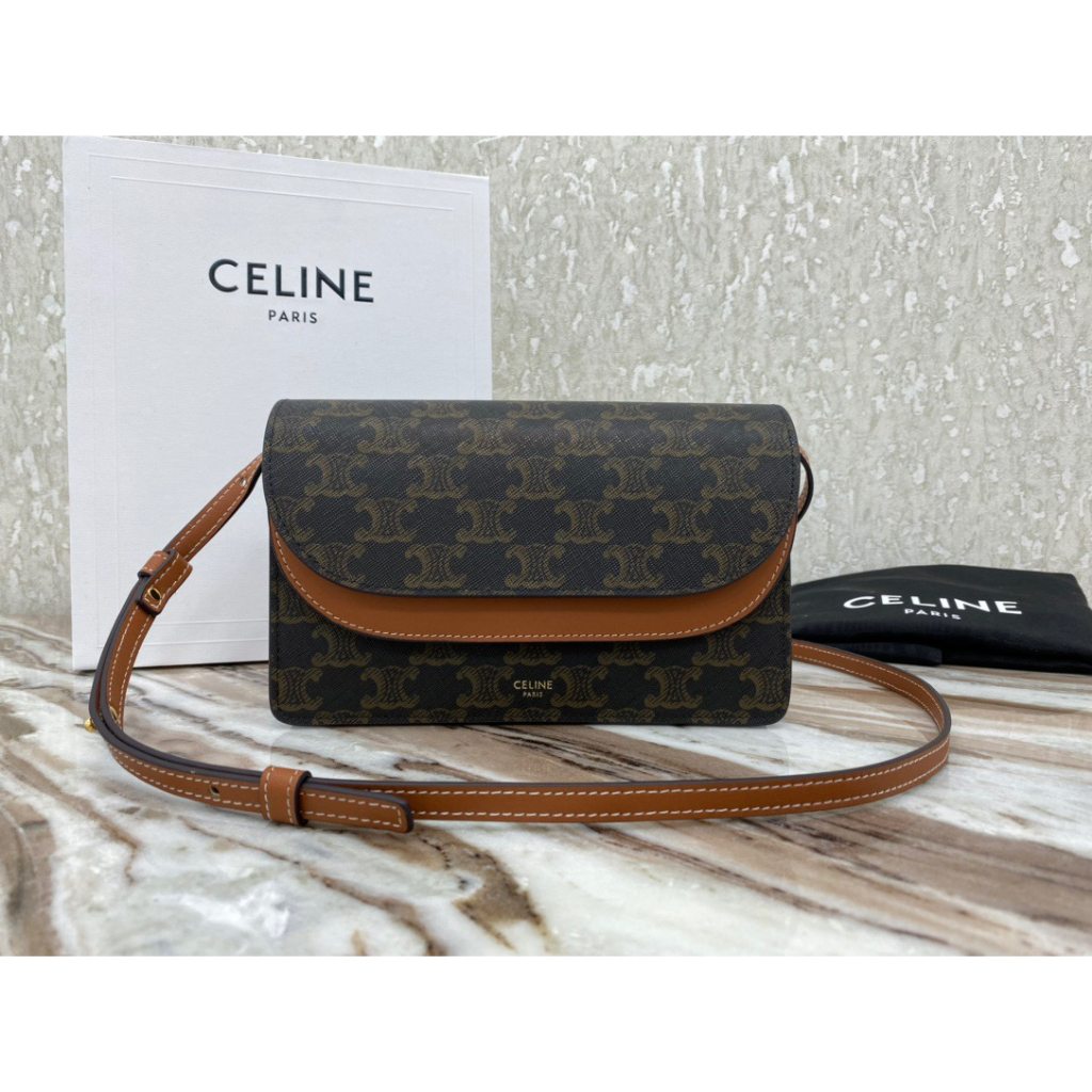 Brand new 100% authentic/celine TRIOMPHE CANVAS logo print and sheepskin strap wallet