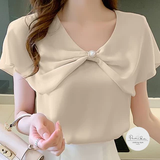 C08 🎀 อกใหญ่สุด 60 นิ้ว ! เสื้อทำงานสาวอวบปกระบายทรงโบว์ ตรงกลางประดับด้วยไข่มุกขอบทอง ✨ เรียบๆ สวยหรูดูแพงมากกกก