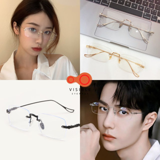 ส่งฟรีEMS Rimless Vintage เลนส์กระจกแท้ แว่นไร้ขอบทรงเหลี่ยมวินเทจ ใช้เลนส์ย่อบาง 1.61 เหนี่ยวกันตกแตก