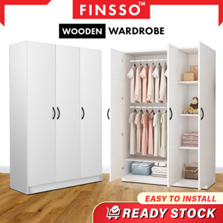 READY STOCK FINSSO : ตู้เสื้อผ้าไม้  2 หรือ 3 ประตู ราคาถูก เก็บของได้หลากหลายแบบ Wardrobe with 2 hanging bar