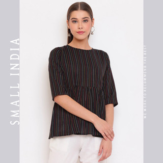 {**ส่งฟรี**} SMALL INDIA 🌸 Black Striped Top เสื้อท็อป 🌸 Kurti Top Only