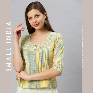 {**ส่งฟรี**} SMALL INDIA 🌸 Green &amp; Yellow Striped Top เสื้อท็อป 🌸 Kurti Top Only
