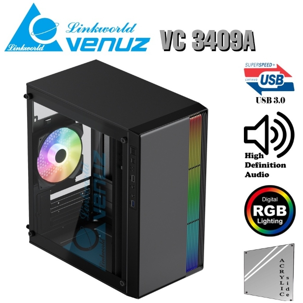 VENUZ micro ATX Computer Case VC 3409A/VC2601/VC1701/M3/VC3232/VC301/VC3101 RGB LED Lighting & 120mm Rainbow RGB Fan – B