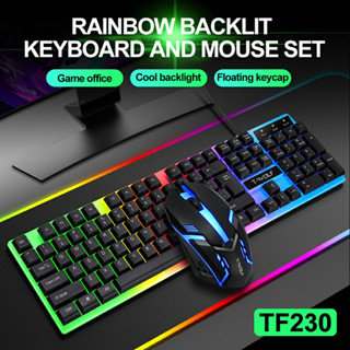 จัดส่ง 12 ชั่วโมง TF230 คีย์บอร์ด + เมาส์ตั้งค่าคีย์บอร์ดเกมเรืองแสงสีสันสดใส keyboard mechanical keyboard