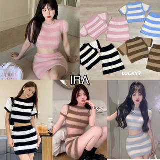 BY IRA Complete look set เซ็ท2.ชิ้น เสื้อ*กระโปรงผ้าไหมพรมลายทาง ดีเทลขนมิ้งค์ นุ่มนิ่มม๊ากกกก