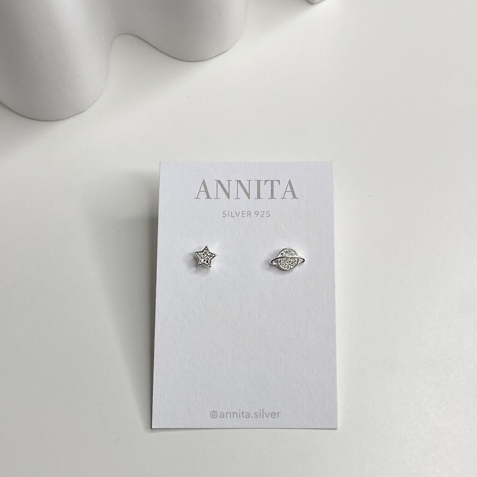 annita.silver - Saturn and Star stud earrings with CZ //ต่างหูปักก้านดาวเสาร์ ต่างหูดาว เงินแท้925