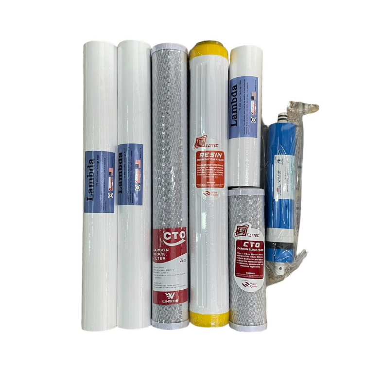 ชุดไส้กรองตู้น้ำ 7 ขั้นตอนระบบ RO(PP20" 5M 2 แท่ง + CTO20" + RS20"+ PP10" 5M+ CTO10"+RO150G )