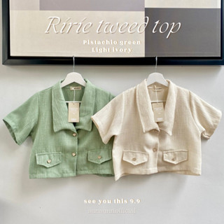 (aunaunn.official) Ririe tweed top — เสื้อเชิ้ตครอปผ้าทวิตทรงสวย กระดุมมุกรูปหัวใจ