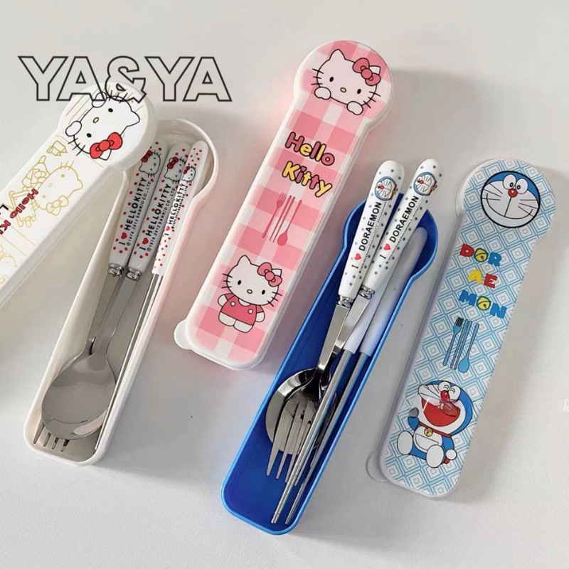 YA&YAพร้อมส่ง💕 ชุดช้อมส้อมสแตนเลส พร้อมกล่อง ลายการ์ตูน ชุดช้อนส้อมพกพาเด็ก คิตต