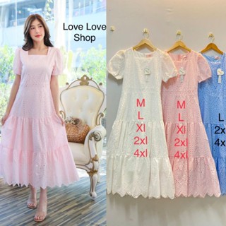 เดรสออกงานสีหวาน!!! M-4XL Maxi Dress เดรสสีชมพูผ้าฉลุลายแขนพอง งานป้าย Love love