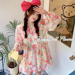 Baby Doll Flower Dress มีผ้าชีฟองแบบนูนวิ้งและธรรมดา เดรสคอบัวลายดอกไม้ แขนยาว โทนสีหวาน มีซับใน ฟรุ้งฟริ้งสุดๆ งานป้าย