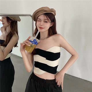 พร้อมส่ง เสื้อเกาะอกผ้าไหมพรม ลายทาง ทูโทน นิ่มๆ ผ้าบางใส่สบาย ไม่ร้อน
