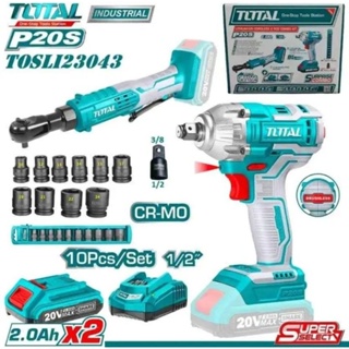 TOTAL รุ่น TOSLI23043 COMBO SET 13 เครื่องยิงลูกบ๊อกซ์+ด้ามฟรีไร้สาย 20V+ชุดลูกบ๊อกซ์ พร้อมแบต 2.0Ah 2ก้อน