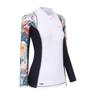 เสื้อว่ายน้ำแขนยาว กันรังสียูวีผู้หญิง OLAIAN Womens Long Sleeve T-Shirt UV-Protection Surf Top 500 WHITE/PRINT