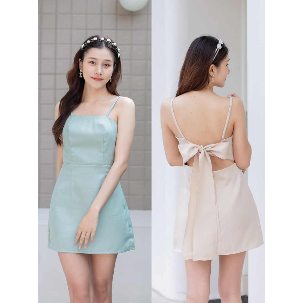 Sista Box Bella Mini Dress เดรสสั้นเหนือเข่า โบว์หลัง สีครีม สีมิ้น