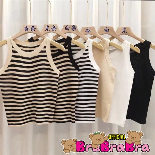 [ส่งจากไทย] 𝑩𝒓𝒂𝑩𝒓𝒂𝑩𝒓𝒂 #f-150 เสื้อกล้า ไหมพรม ลายทาง สีพื้น คอกลม
