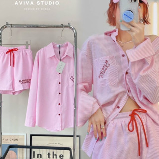 Aviva studio 🩷 เสื้อแขนยาวสีชมพู ขาสั้น ริ้วเล็ก