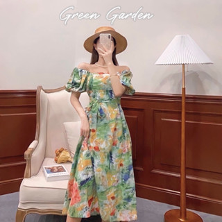 Green Garden เดรสคอเหลี่ยมลายดอกไม้ แขนตุ๊กตา โทนสีเขียว ใส่ปาดไหล่ได้ มีสายผูกเอว เดรสลายดอกไม้ งานป้าย