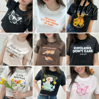 🦊พร้อมส่ง/25แบบ🐶 Baby tee เบบี้ที ครอปแขนสั้น ครอปไหมพรม เสื้อยืดผู้หญิงผ้าคอตตอน ชุดไปทะเล ชุดไปคาเฟ่ y2k Crop top 6016