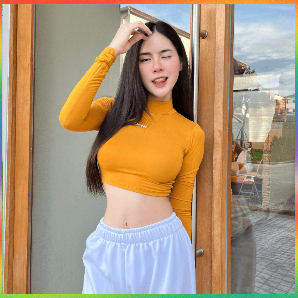 MesubShop  เสื้อคอเต่า ครอปแขนยาว CROPTOP เสื้อคอเต่าแขนยาว✅ผ้าเรยอน✅ครอปคอเต่า‼️ยาว14′ เสื้อเรยอน เสื้อครอป 199 – โปรปัง