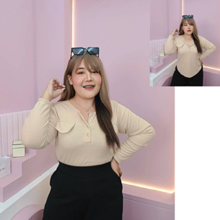 T65 เสื้อแขนยาวเเต่งกระดุมกระเป๋าหลอก ผ้าร่อง