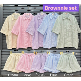 " Brownnie set" เสื้อเชิ้ตแขนสั้น + กางเกง สีหวานละมุน เสื้อผ้าสาวอวบอ้วน พลัสไซส์ ไซส์ใหญ่