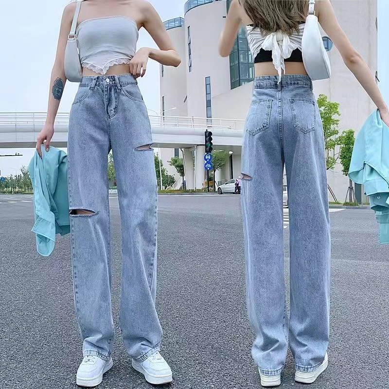 มีไซส์ S-2XL👖 กางเกงยีนส์ เอวสูง ขาบานแบบขาดๆ สไตล์เกาหลี กางเกงยีนส์ขายาว สวยๆเก๋ๆ