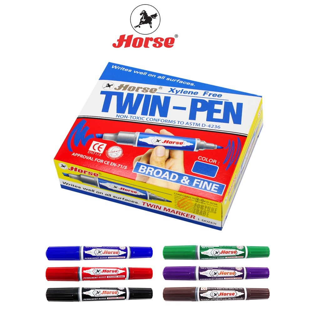 HORSE (ตราม้า) ปากกาเคมี  มาร์คเกอร์ 2 หัว สีเดียว ตราม้า TWIN-PEN (12ด้าม/กล่อง) จำนวน 1 กล่อง
