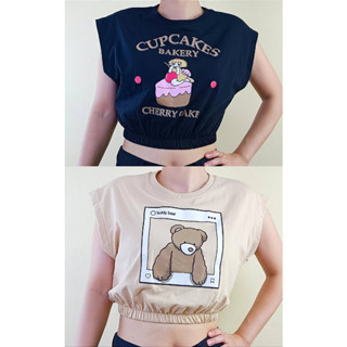 เสื้อยืดครอป แขนกุด ลาย Cupcake และ Teddy Bear  เอวจัมยาง ผ้าคอตตอน