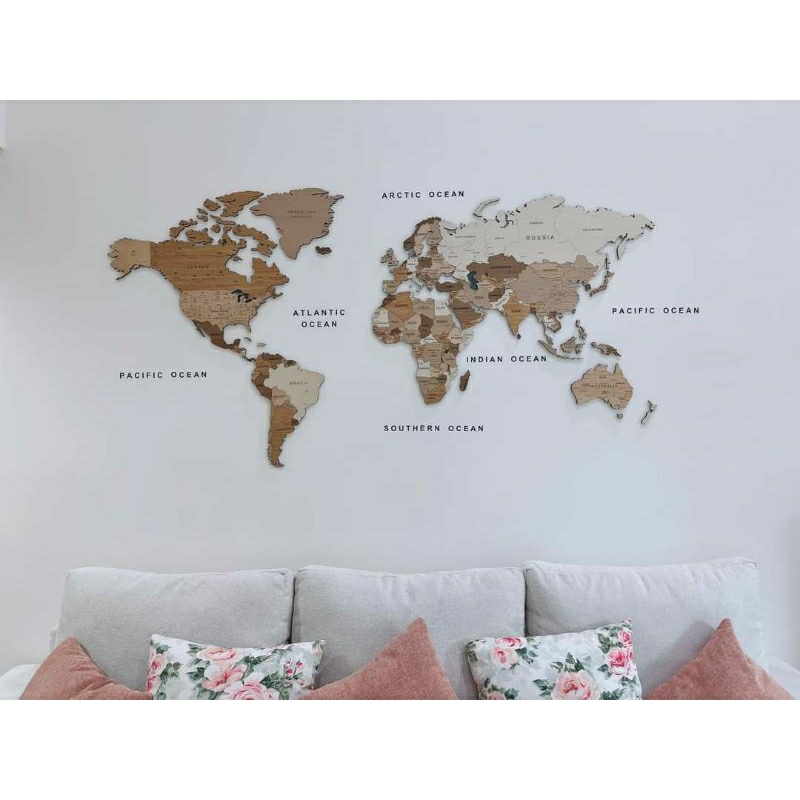 แผนที่โลก 3D ติดผนัง ผิวลายไม้ พร้อมส่ง - Size XL(250x130x0.9cm.)