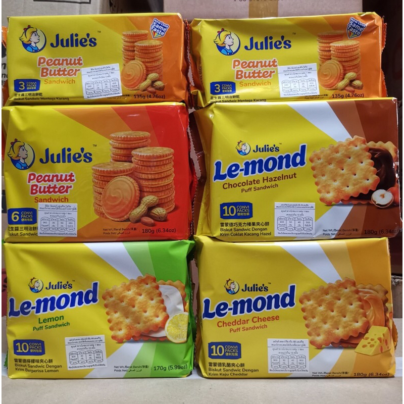 จูลี่ส์ Julie's ขนมปังกรอบสอดไส้ครีมเนยถั่ว รสชีส รสเลมอน รสช็อกโกแลต เฮเซลนัท