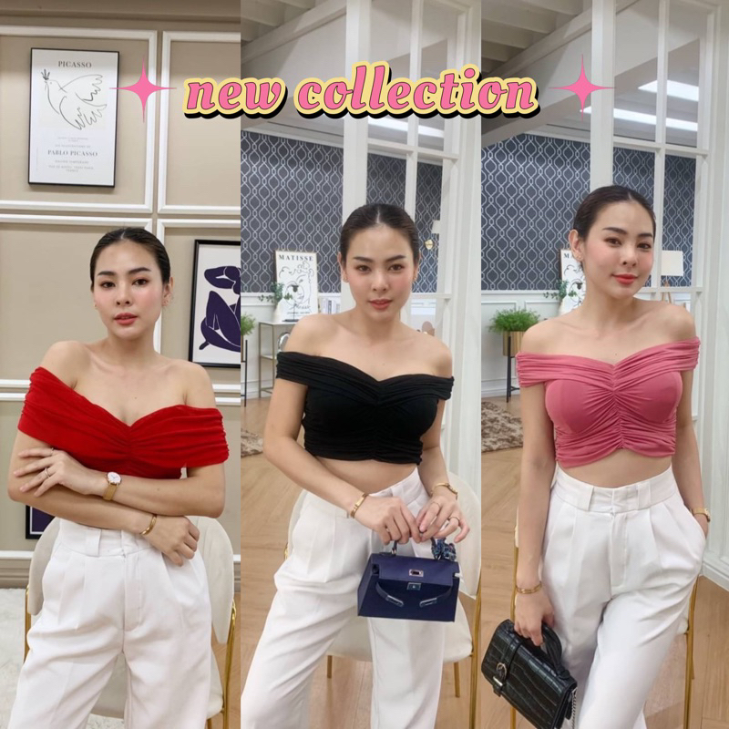 พร้อมส่งเสื้อปาดไหล่แขนตุ๊กตา สีสันสดใส มีฟองน้ำเสื้อเกาะอกปาดไหล่เรียบหรูสุดๆเสื้อปาดไหล่แขนสั้น ชุดไปงานแต่ง
